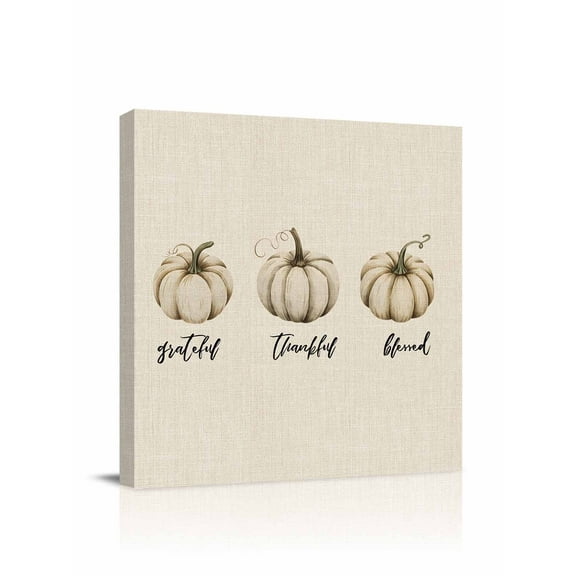 Canvas Print Wall Art White Pumpkin Watercolor Thanksgiving Fall Linen Framed Canvas Art Wall Decor Pictures Painting Morden Artwork for Living Room Bedroom, Ready to Hang, 12"x12"