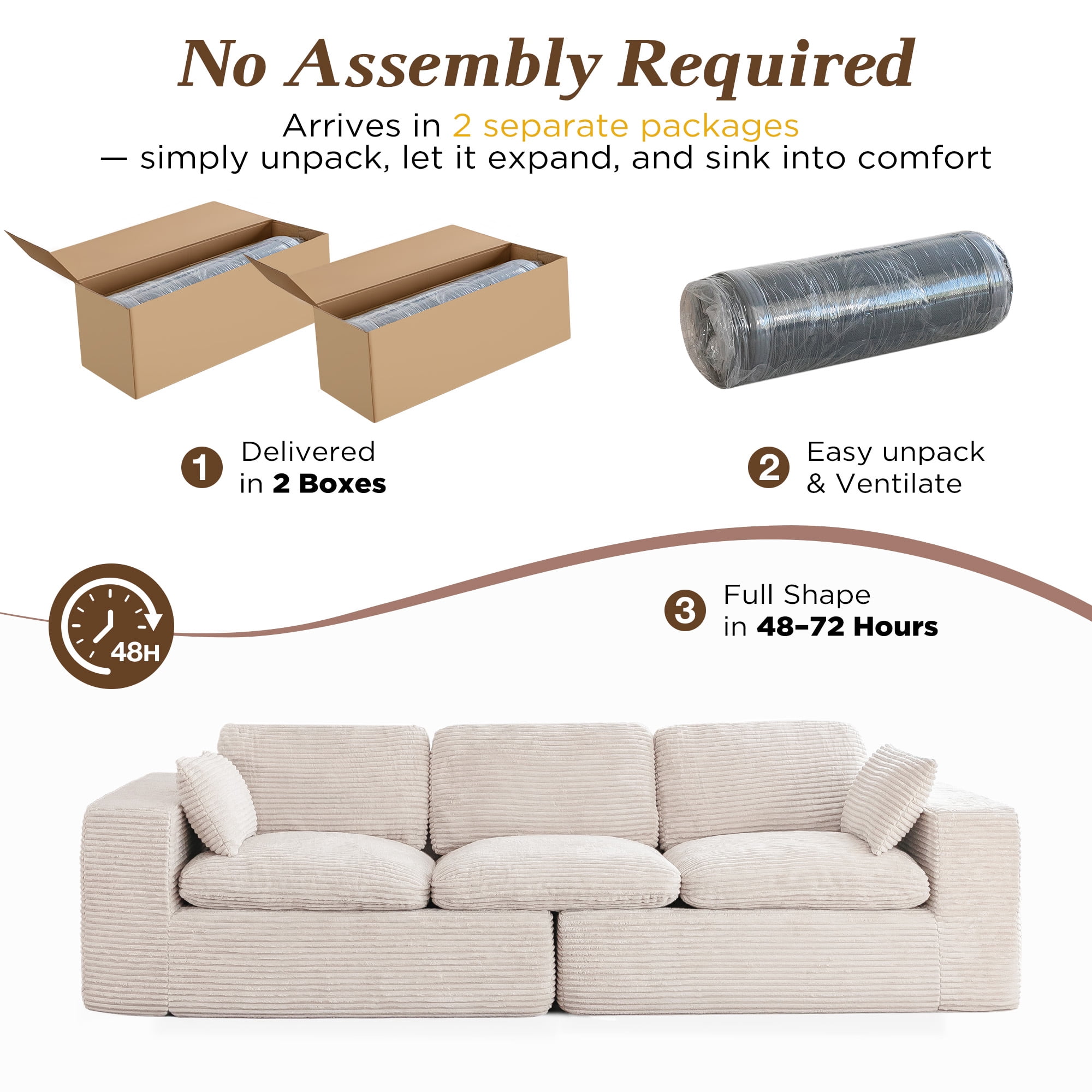 YODOLLA 110" Oversized Boneless Couch for Living Room,Cloud Sectional Sofa with Fluffy Corduroy Seat Cushions, 3 Seater Upholstered Floor Sofa, No Assembly Required, Beige