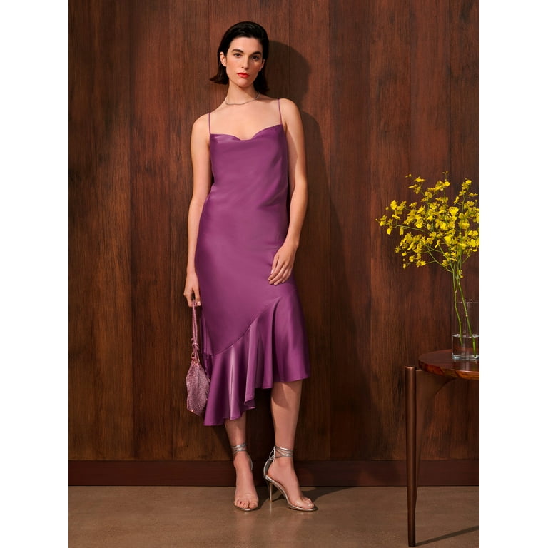 Scoop Women's Asymmetrical Satin Ruffle Cami Dress, Sizes XS-XXL 