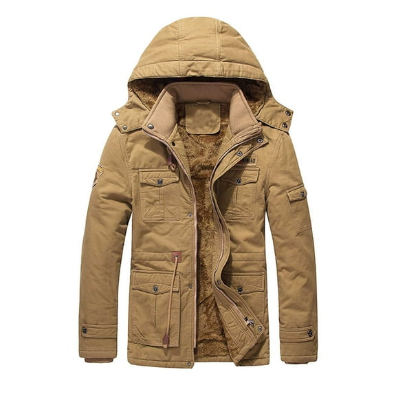uikmnh Mens Coats and Jackets Men's Winter Coat Thick Jacket Mid Length Hooded Cargo Jacket Size:3XL