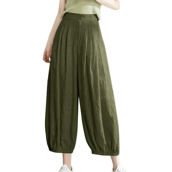Ecqkame Women Summer High Waisted Cotton Linen Palazzo Pants Women's Casual Slim High Elastic Waist Solid Color Sports Cotton And Linen Pants Green XXL