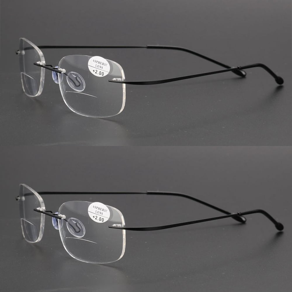 2 Pack Rimless Bifocal Reading Glasses Metal Flexible Rectangle Readers