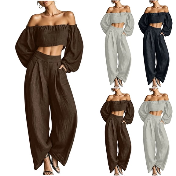 Women's 2 Piece Outfits Sweatsuits off the Shoulder Crop Top Wide Leg Sweatpants Casual Matching Sets Coffee XL(XL)