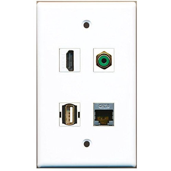 RiteAV - 1 Port HDMI 1 Port RCA Green 1 Port USB A-A 1 Port Shielded Cat6 Ethernet Wall Plate
