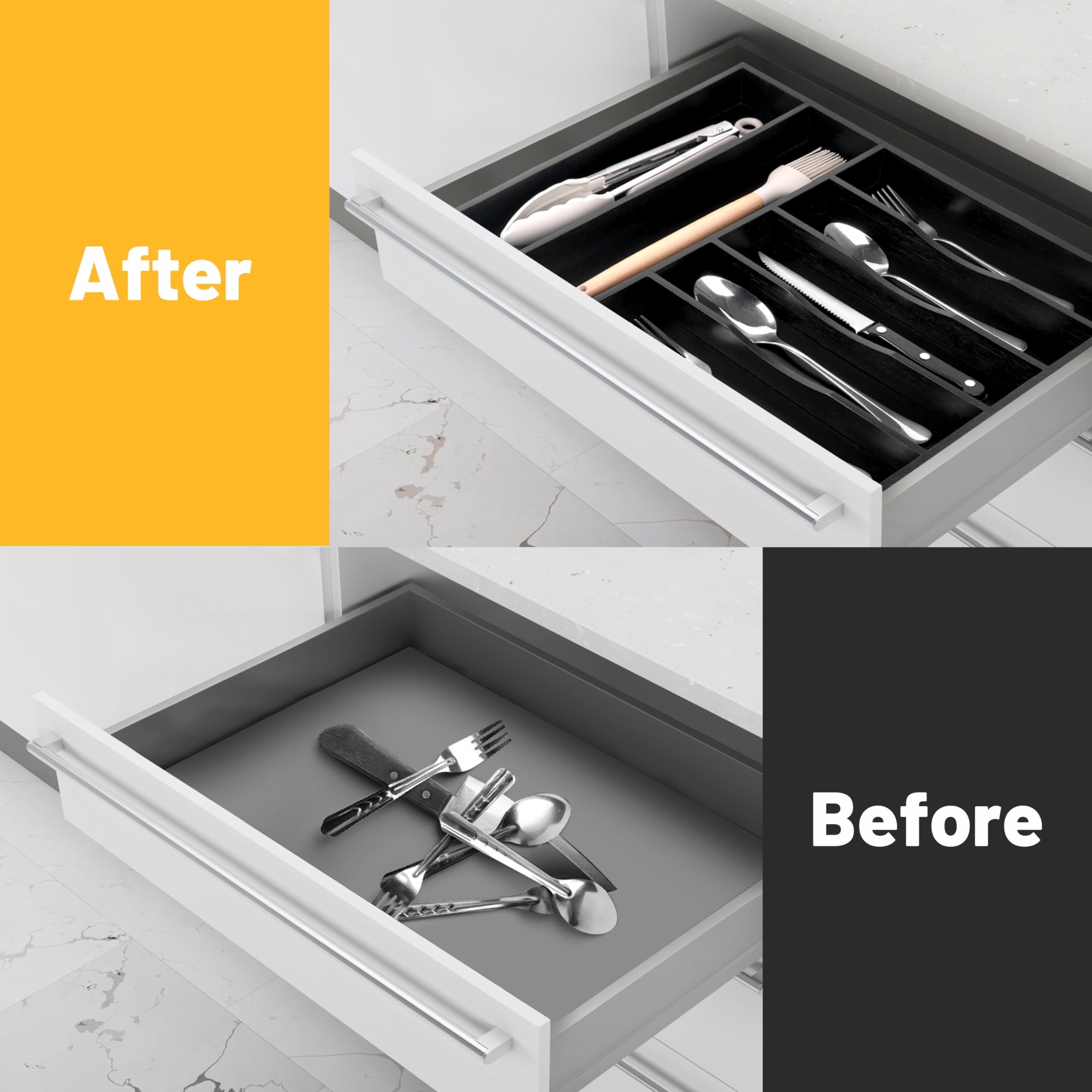 Kitchen Silverware Organizer  Drawer - Utensil Holder And Cutlery Tray With Grooved Dividers For Flatware 7 Slot Black