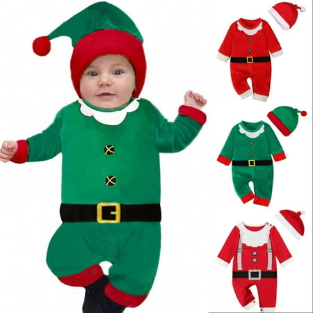 

BULLPIANO 2Pcs Baby Boy Girl Christmas Clothes Santa Elf Outfits Newborns Xmas Long Sleeves Romper Bodysuits with Hat 0-18M