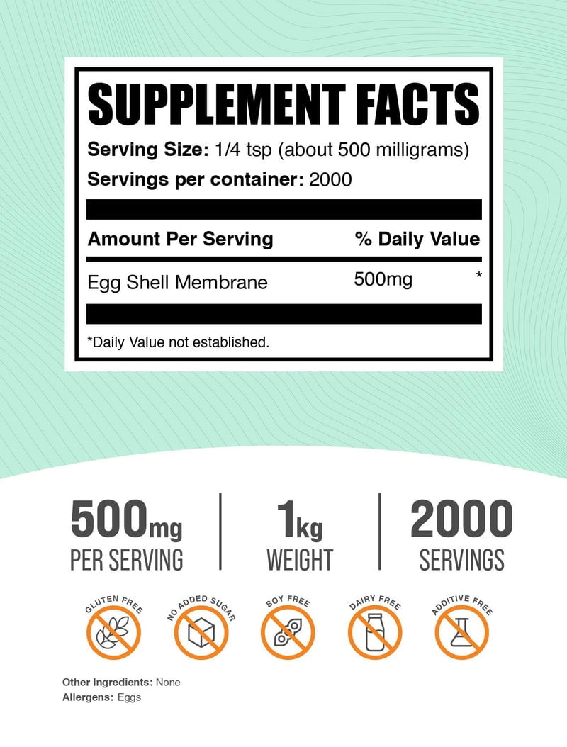 BulkSupplements Egg Shell Membrane Powder - Collagen Supplement, Gluten Free, 500mg per Serving, 1kg (2.2 lbs)