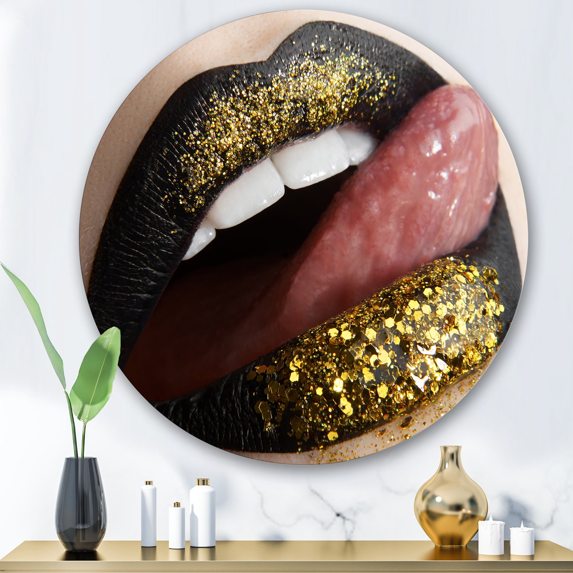 Designart 'Woman Lips Black Lipstick and Gold Sequins' Modern Circle Metal Wall Art 29x29 - Disc of 29