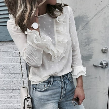 - Womens Boho Beach Ruffle Frill Polka Dot Tops and Blouses elegant Long Sleeve Female Party Blouse