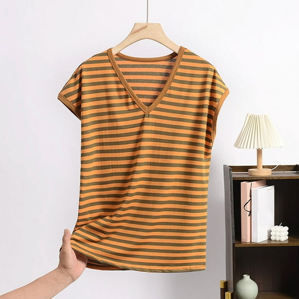 Pijama de manga corta para mujer, informal, holgado, a rayas, con cuello en V, de verano, fino, de poliéster