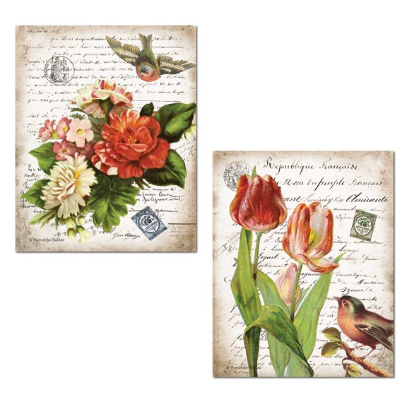 Classic Red and Off-White Bird and Tulip Adult Floral Decor; 2 - 11" x 14" Unframed Posters