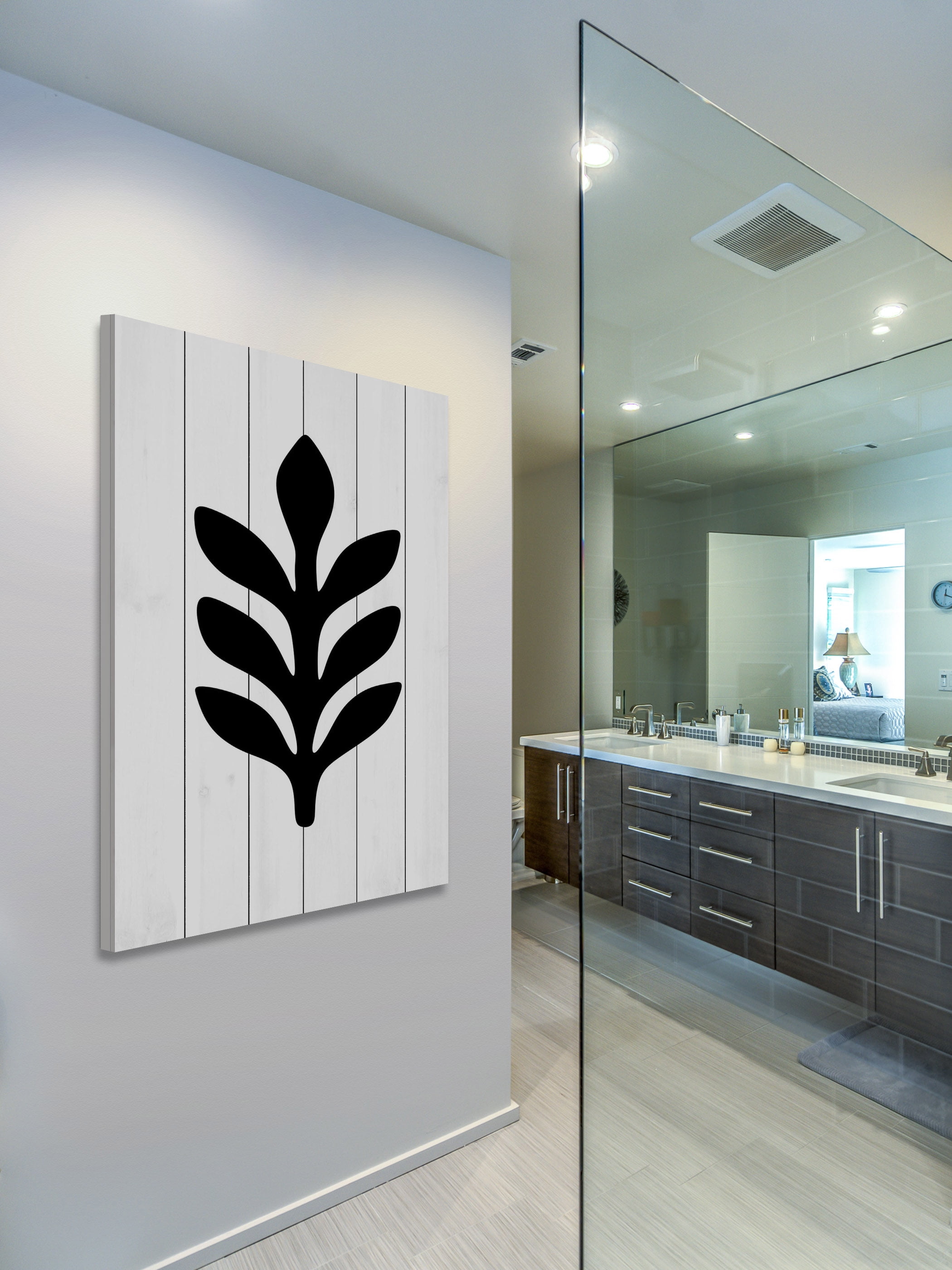"Black Leaf 2" Painting Print on White Wood