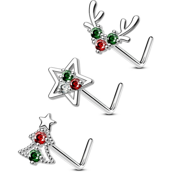 OUFER 3PCS Nose Piercing Studs 20G Christmas Nose Screw L-Shaped Nose Bone 316L Stainless Steel Nostril Jewellery Helix Tragus Studs For Women