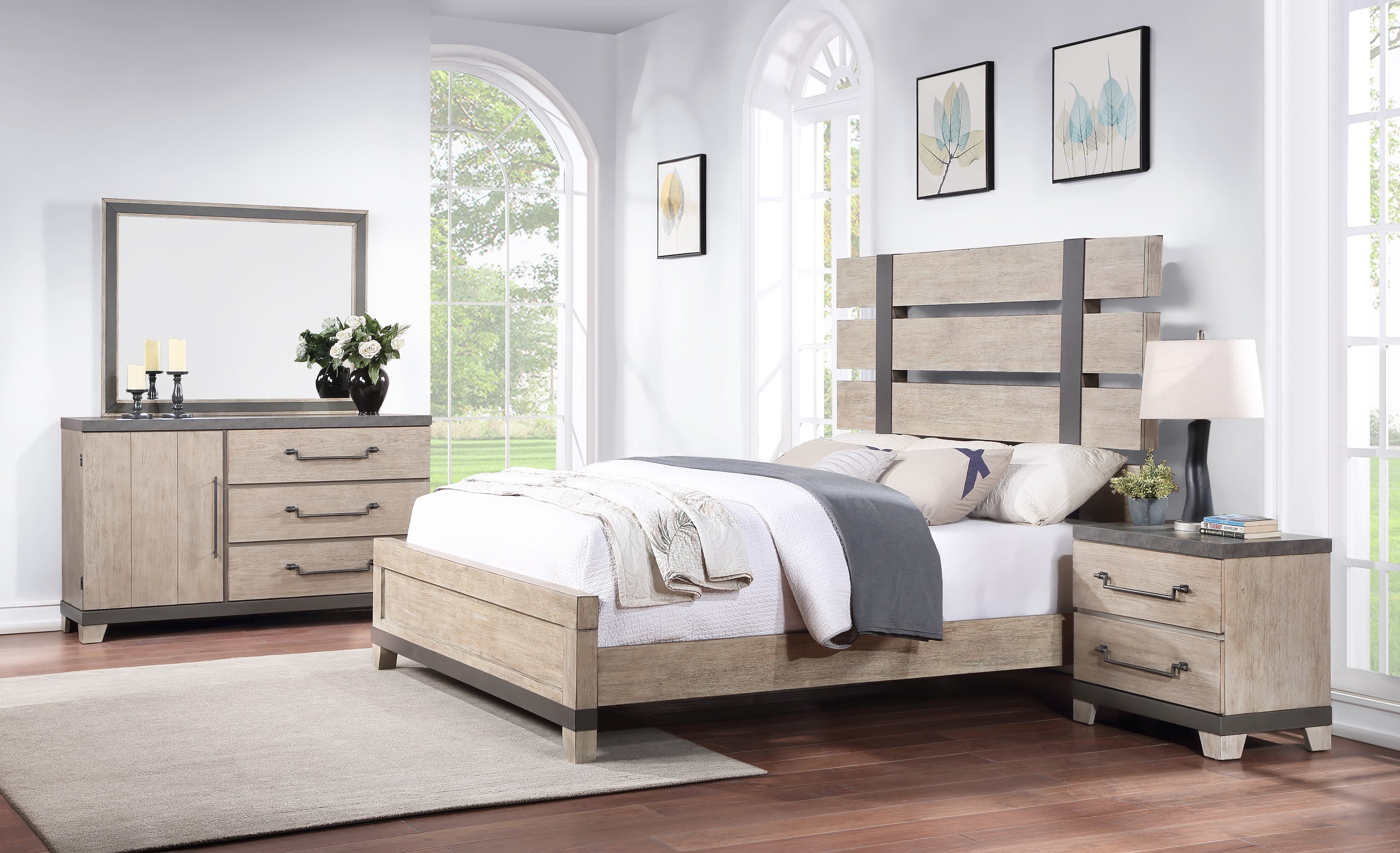 Arbela Wood Slatted Panel Bed with Dresser, Mirror, and Two Nightstands, King, Weathered Oak Finish