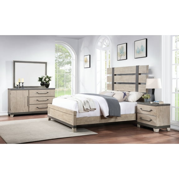 Arbela Wood Slatted Panel Bed with Dresser, Mirror, and Nightstand, Queen, Weathered Oak Finish
