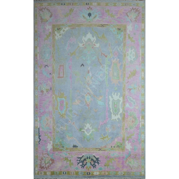 Hand-Knotted Oushak Area Rug 9X12 Grey, Pink, Wool Area Rug Dining Room, Living Room Handmade Area Rug
