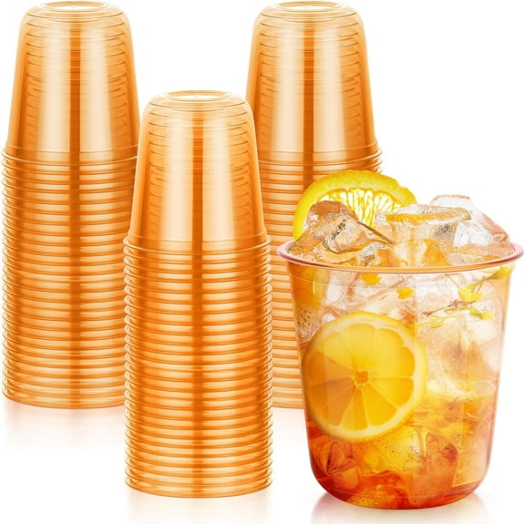 50 Pcs Halloween Fall Orange Plastic Cups, 12 oz Disposable Stemless Wine Glasses, Plastic Cocktail Glasses for Juices Coffee Soda, Round Bottom Party Cups for Thanksgiving Wedding Party