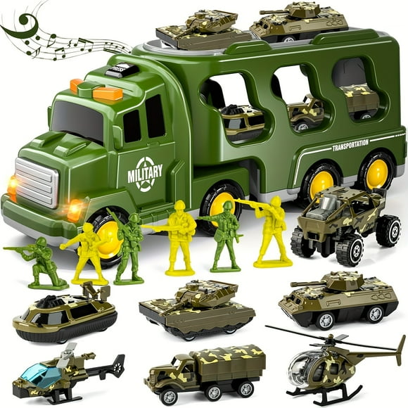 14 in 1 Green Military Truck Toys, Army Tanks Set with Soldier Men, Army Men Toys, Military Truck Toy with Lights and Sounds, Gifts for Toddler Kids Boys Ages 3+