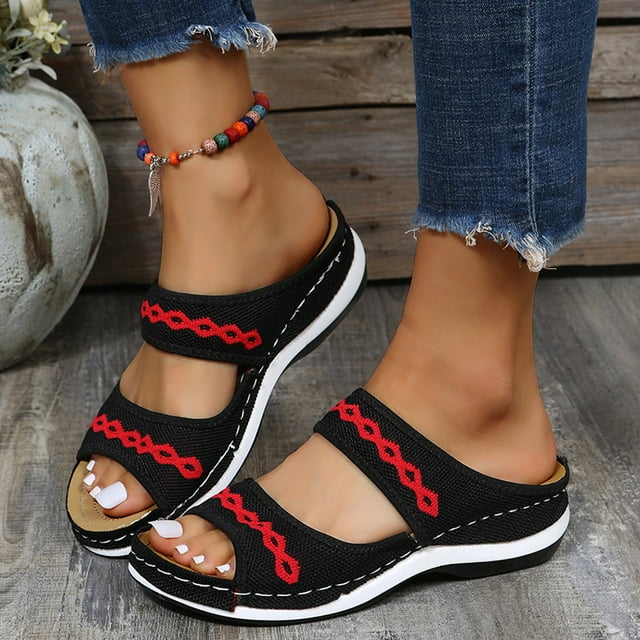 LSLJS Chaussures pour Femmes Mode Ajourées Tricot Crochet Fleur Confortables Talon Compensé Pantoufles Sandales, Pantoufles pour Femmes