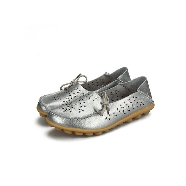UKAP Mocassins Décontractés en Cuir pour Femmes, Bout Rond, Chaussures Bateau, Argent 8.5
