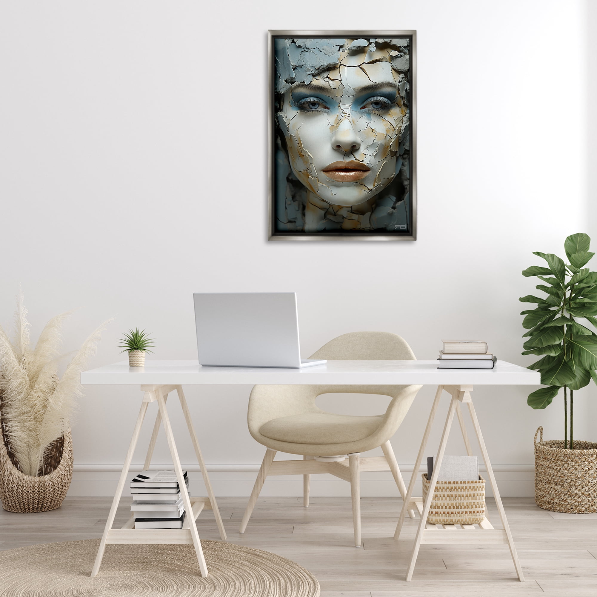 Stupell Industries Cracked Face Abstraction Novelty Painting Gray Floater Framed Art Print Wall Art, 21 x 31