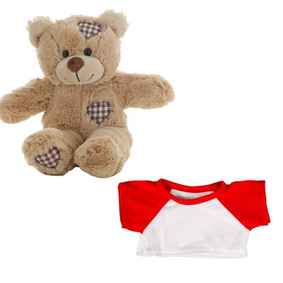 Brown Patches Bear with White Tee and Red Sleeves, 8 inch – Soft Plush Toy, Perfect Gift for Kids, Cuddly Collectible Stuffed Animal