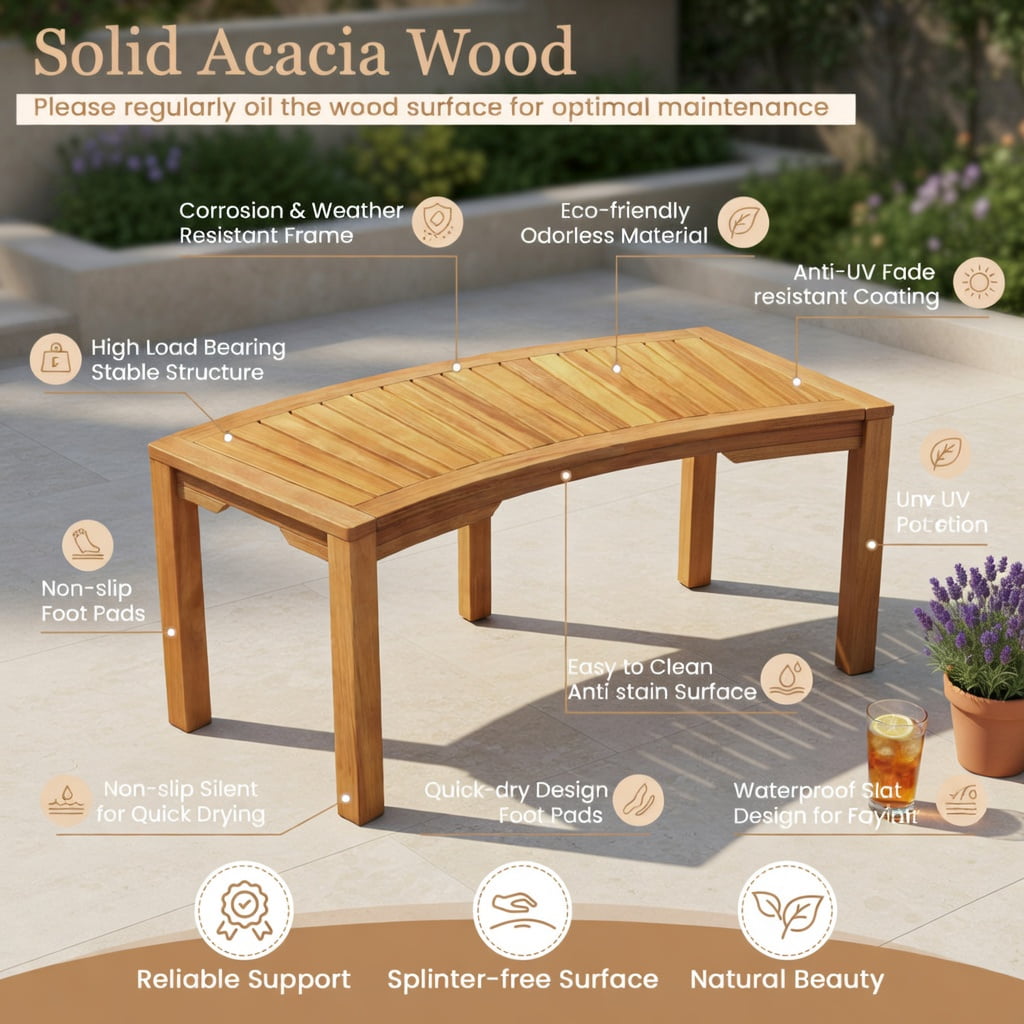Hommoo Acacia Wood Outdoor Garden Bench, 2-Person Curved Backless Bench for Patio, Deck & Balcony, Natural Finish