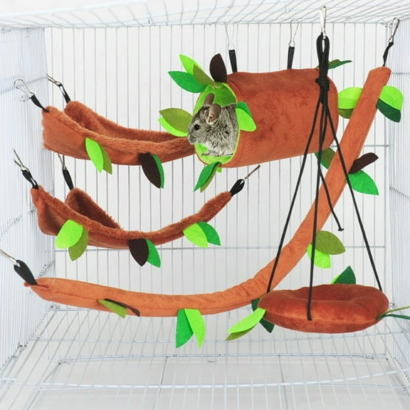 LEEYNEER 5pcs Hamster Hammock Small Animals Hanging Warm Bed House Cage Nest Accessories Forest Pattern Cage Toy Leaf Hanging Tunnel and Swing for Sugar Glider Squirrel Hamster Playing Sl