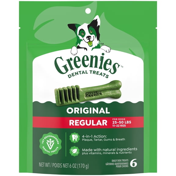 Greenies Original Flavor Adult Natural Dental Dog Treats Regular Size, 6 oz Pack (6 Count)