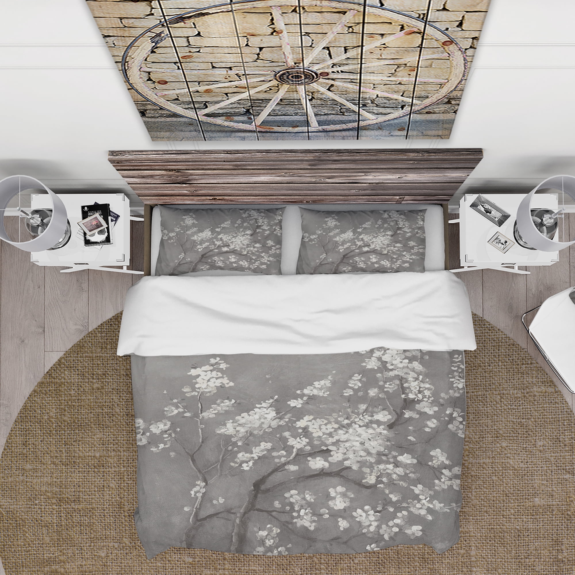 Designart 'White Cherry Blossoms I' Farmhouse Duvet Cover Set
