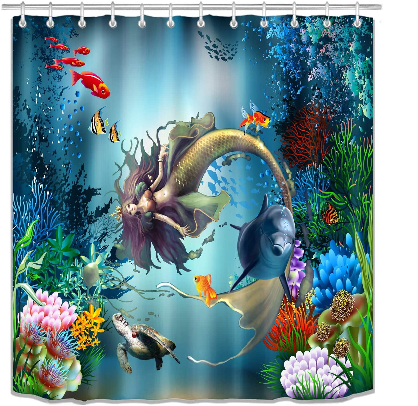 Underwater World Fish Dolphins Mermaid Polyester Fabric Shower Curtain Set 180cm 