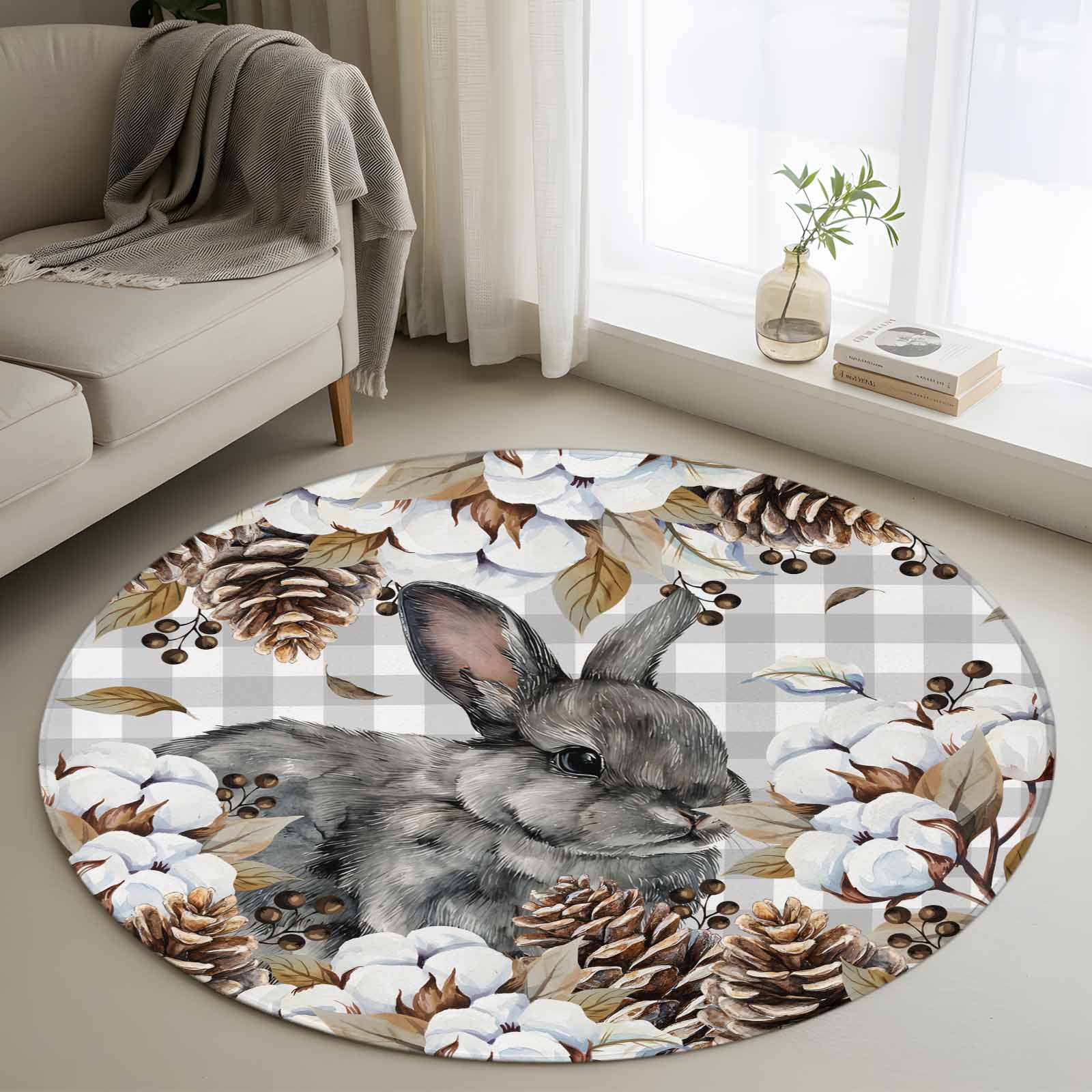 Round Area Rug 3ft Countryside Rabbits on Gray White Plaid Non-Shedding Washable Area Rug Berries Cotton Non Slip Low-Profile Circle Rugs for Living Room Bedroom Dining Room