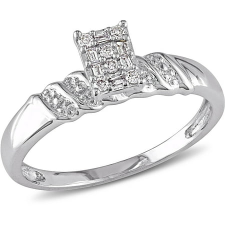 Silver Baguette Ring (Miabella 1/10 Carat T.W. Round and Parallel Baguette Diamond Sterling Silver Cluster Engagement)
