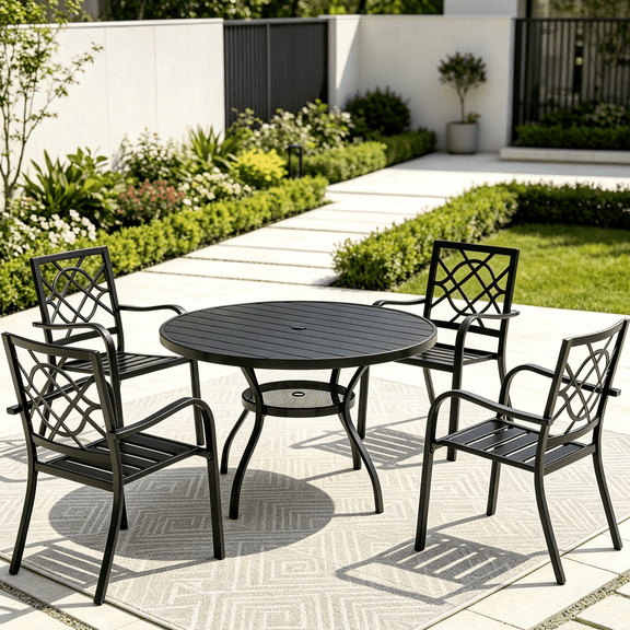 SOLAURA 5 Piece Outdoor Patio Dining Set, 41" Round Dining Table with Umbrella Hole & 4 Stackable Backyard Garden Chairs, Metal Patio Furniture Set for Backyard, Deck, Garden