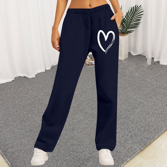 Endives Women's Sweatpants Heart Printed Fleece Lined Casual Sports Loose Plush Pants Straight Leg Pants