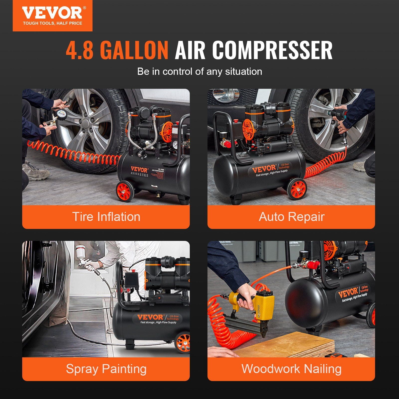 4.8 Gallon Air Compressor,1.2HP 2.2 CFM@90PSI Oil Free Air Compressor Tank&Max. 116PSI Pressure,70 dB Ultra Quiet Compressor for Auto Repair,Tire Inflation,Spray Painting,Woodwork Nailing