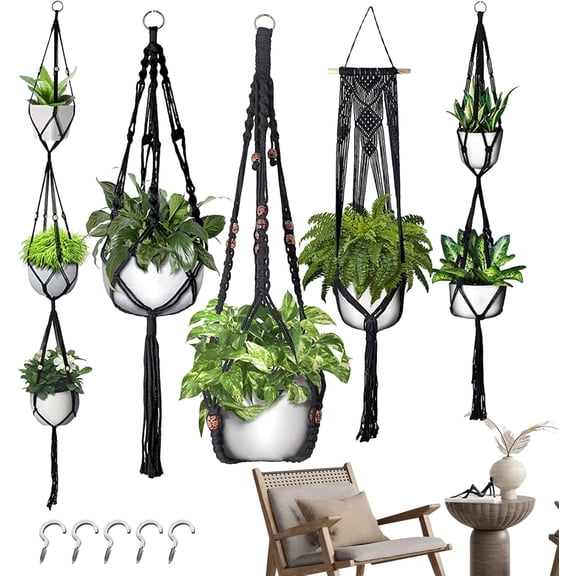 5-Piece Hanging Planter Basket, Cotton Rope for Indoor Home Display