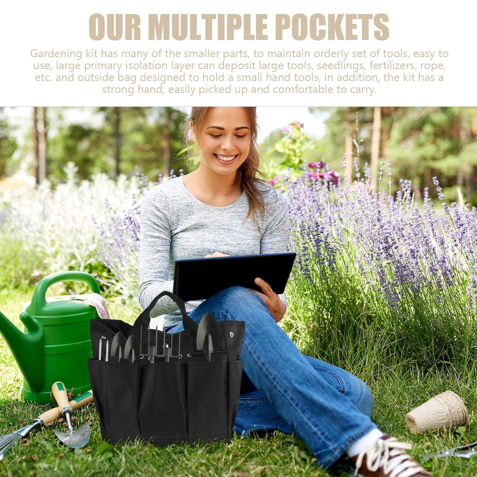 PBPBOX Garden Tool Bag Black Oxford Fabric Durable Tote Organizer with Multiple Compartments for Easy Storage
