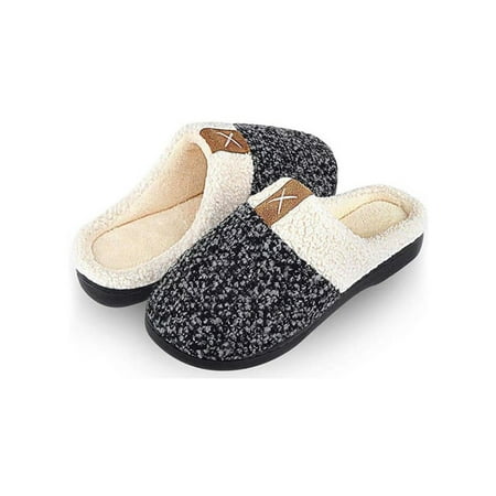 

Crocowalk Womens Breathable Slip On Slipper Bedroom Comfort Fleece Lined Home Shoe Anti-Slip Memory Foam House Shoes Black White 10.5-11