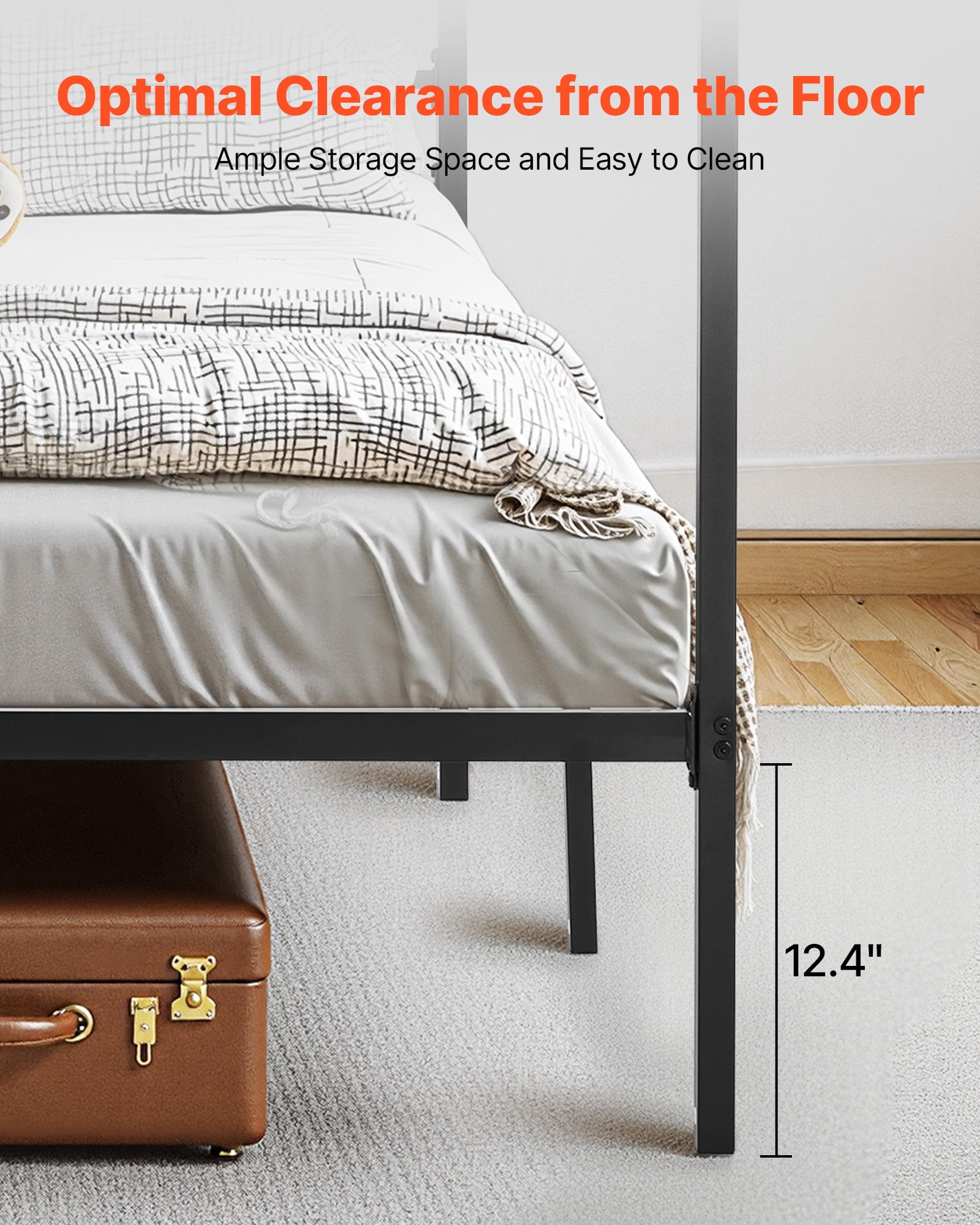 VEVOR King Size Canopy Bed Frame, Metal Canopy Bed with Four Posters Design, Heavy Duty Steel Slats Support, Underbed Storage Space, No Box Spring Needed, Easy Assembly, Black