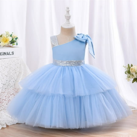 

PEASKJP formal Dresses for Girls Toddler Girls Short Sleeve Floral Embroidery Tulle Chiffon Pageant Sundress Sky Blue 3-4 Years