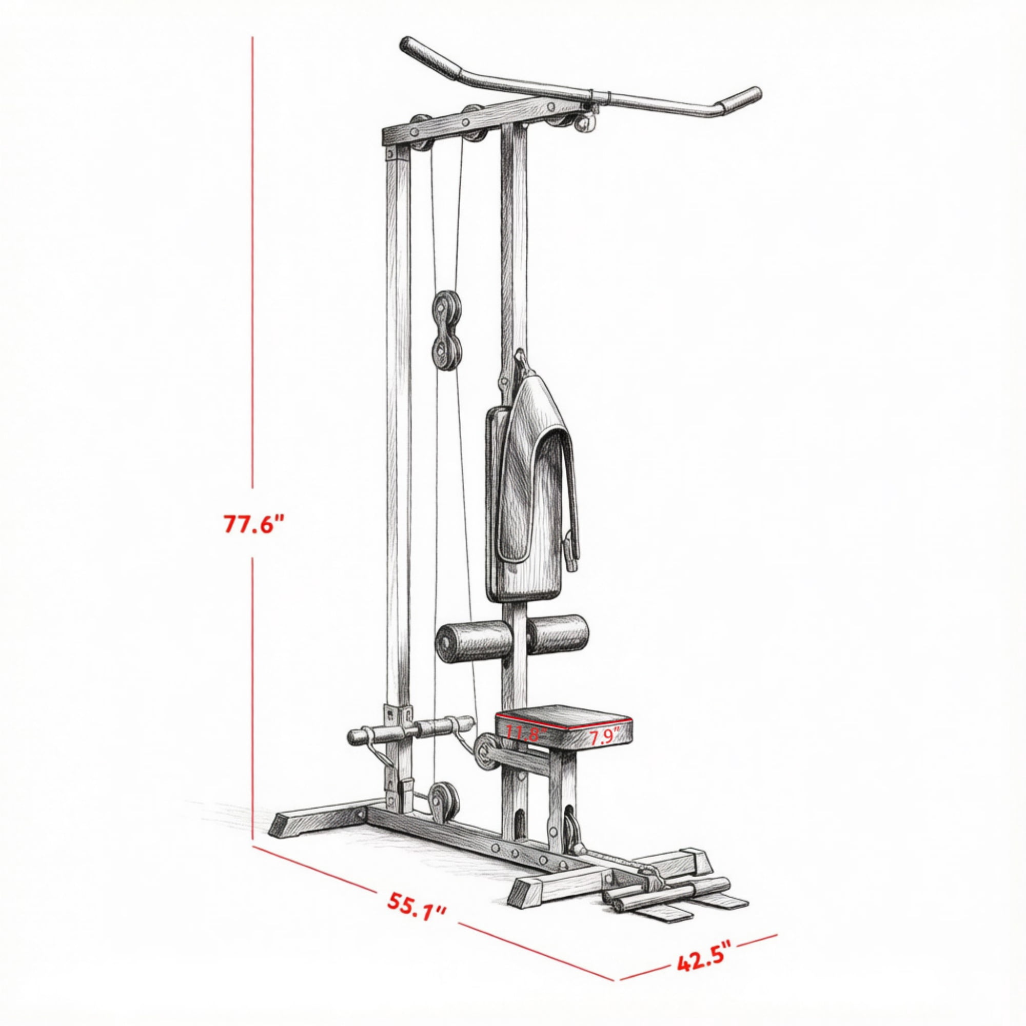 Pull Down Machine with Adjustable Seat And Flip-Up Footplate High/Low Pulley Home Gym Equipment Black