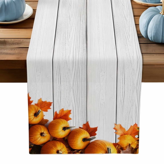 ERUNPONLY Thanksgiving Pumpkins Table Runner - 90 Inch Long Fall Orange Maple Leaves Grey Wooden Cotton Linen Blended Dress Scarves Farmhouse Table Runner for Kitchen Dining, Coffee Table, 13" x 90"