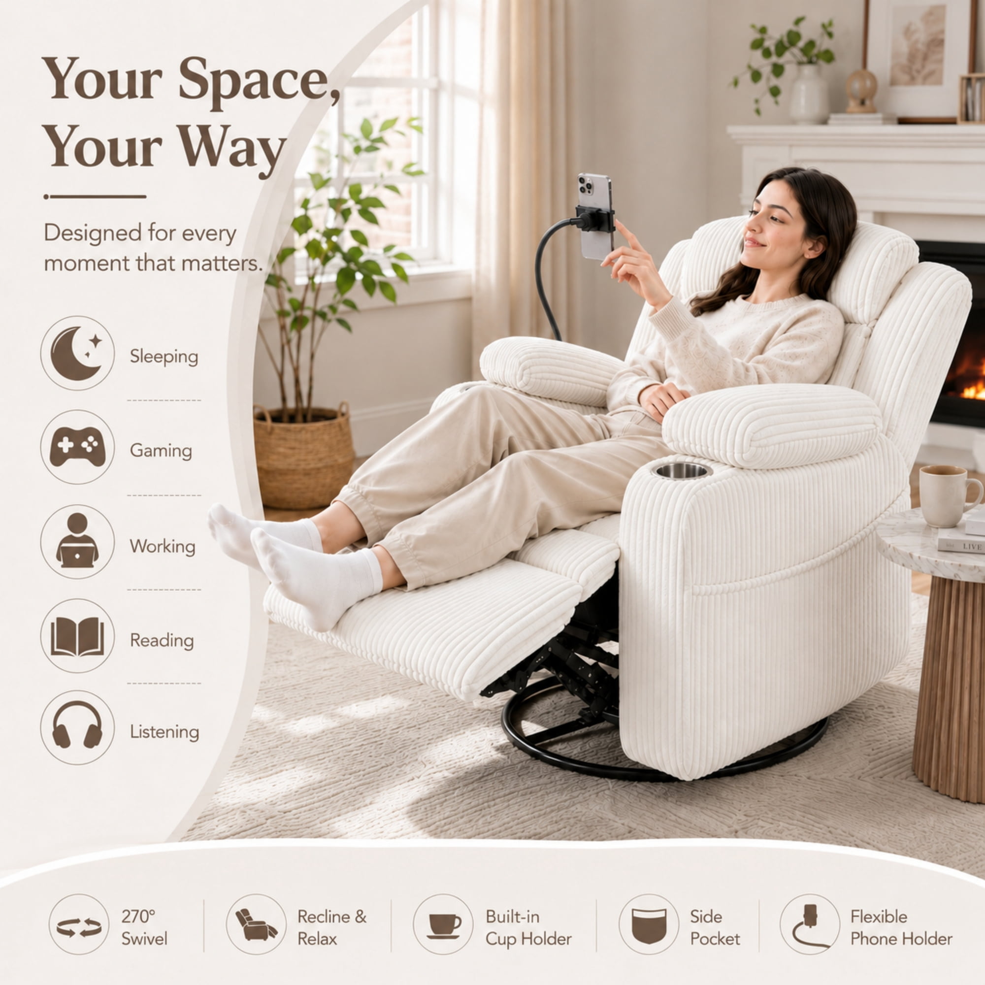 Leumius Recliner Chair with Heat and Massage,270° Swivel Rocker Recliner with Phone Holder & USB Ports,Single Rocker Sofa Nursery Glider with Hidden Storage, Side Pockets, Cup Holder,Beige