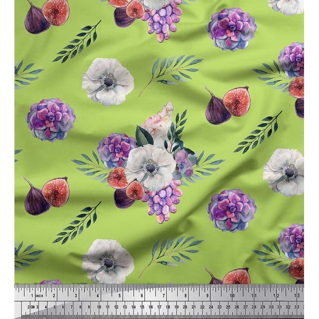 Soimoi polyester Crepe Fabric Fig,Succulent & Anemone Flower Decor Fabric Printed Yard 52 Inch Wide