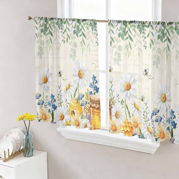 Daisy Spring Floral Sheer Curtains 45 Inch Length 2 Panels Set Window Treatments, Farmhouse Botanical Green Leaves Rod Pocket Semi Curtains for Living Room/Bedroom/Kitchen Décor, 104"W x 45"L