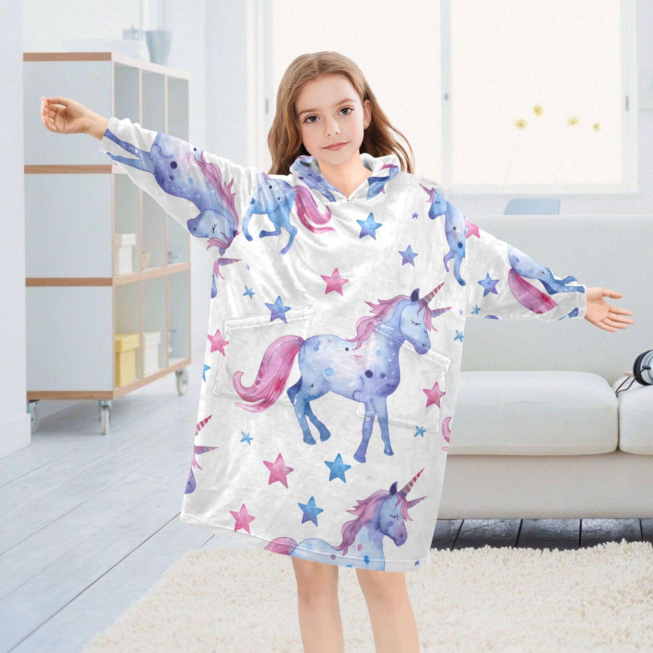 joogoo Wearable Blanket Hoodie for Kids Cute Unicorn and Stars Flannel Oversized Sweatshirt 3-14 Years M