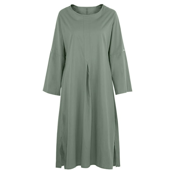 Pntutb Womens Plus Size Summer Casual Full Sleeve O-Neck Solid Linen Long Dress