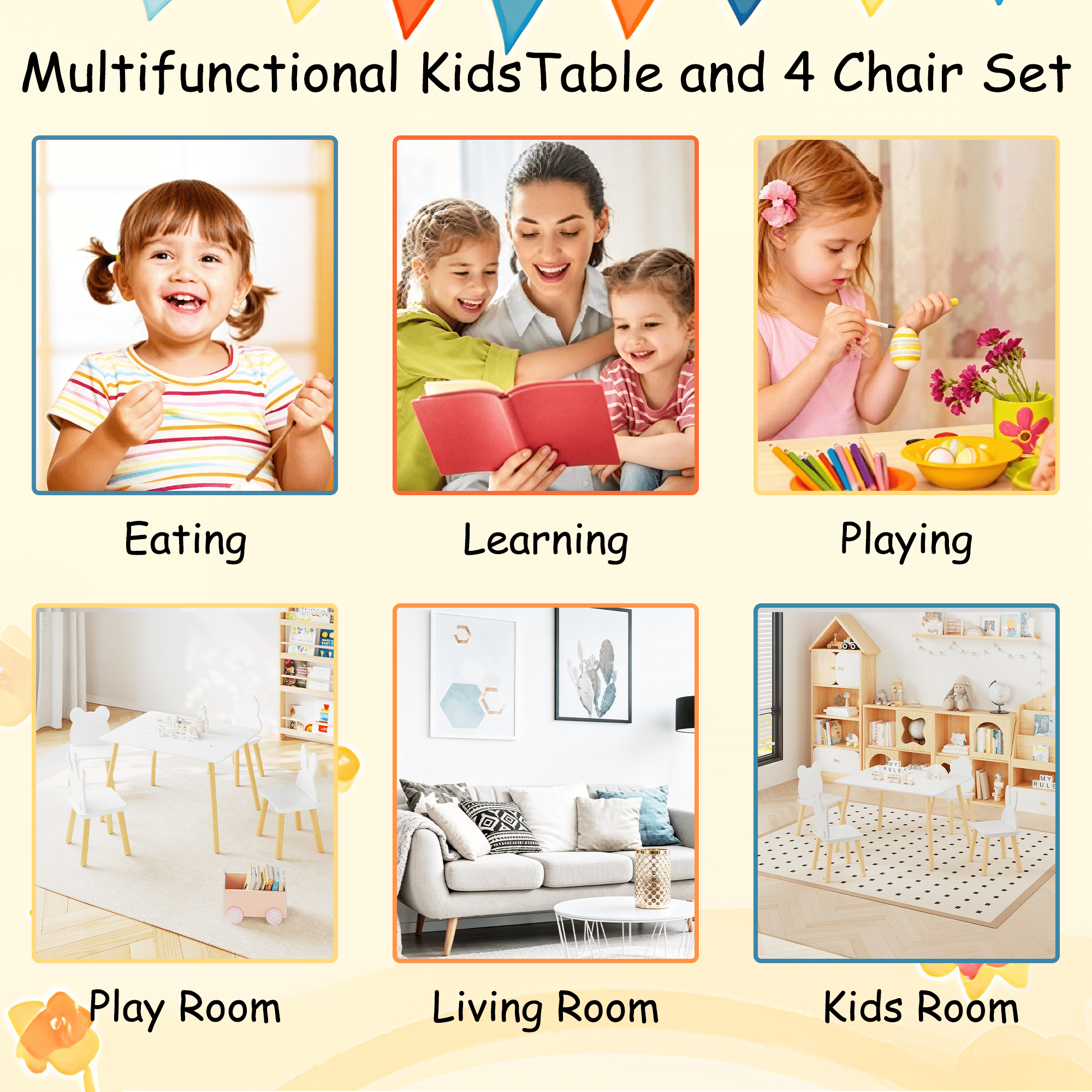 Kids Table and Chair Set 31.5 Inch, 5 Piece Wooden Activity Table and 4 Chairs for Toddlers Children, White