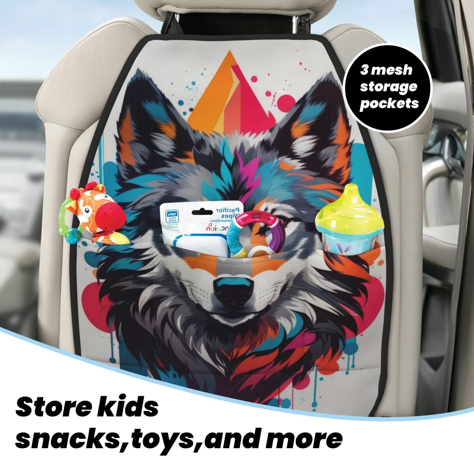 Xecao Tie-Dye Wolf Head Pattern Car Seat Back Protector 2 Pack Large Capacity Pocket, Kick Mats Back Seat Protector